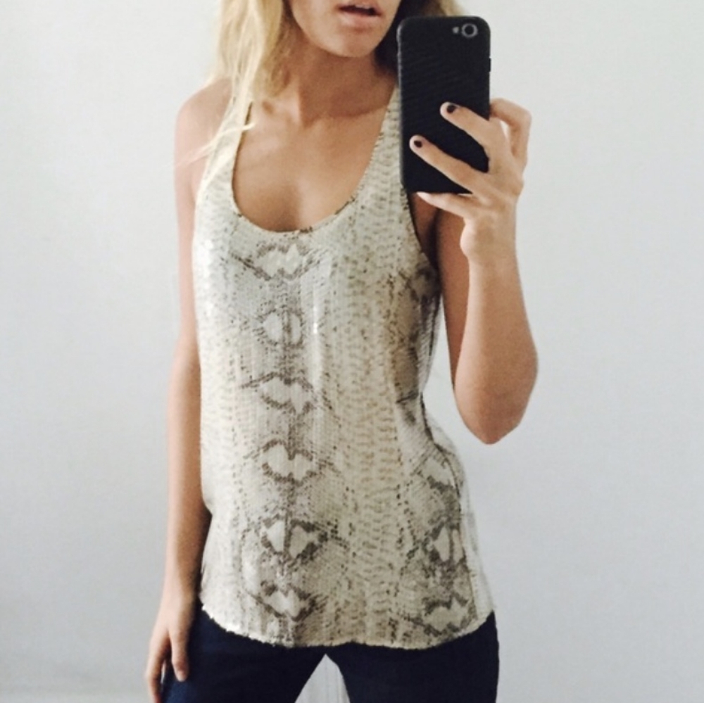 Parker Snake Print Silk + Sequin Racerback Tank Top. Size: Small.